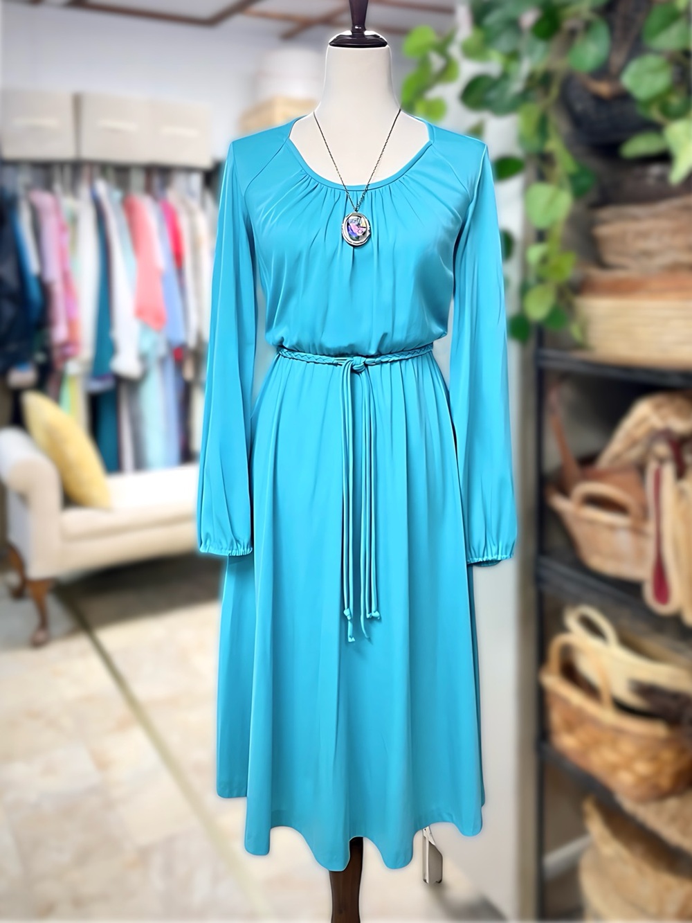 Vintage 70s Turquoise Blue Pleated Midi Dress Long Sleeve Tie Waist Retro XS